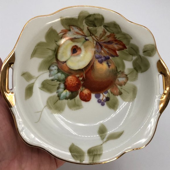 VTG GoldCastle Candy Dish/ Handles Apples Strawberries /Pear Japan Gold Set of 2 - Picture 7 of 10